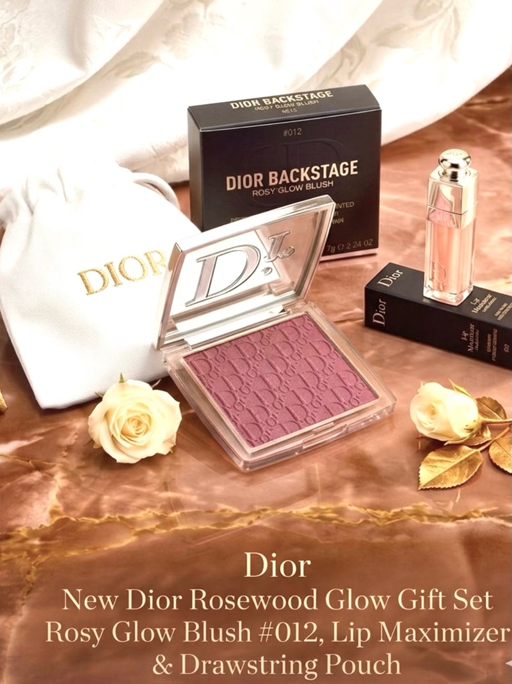 NIB Dior Rosy Glow Blush #012 Rosewood with Lip Maximizer & Pouch